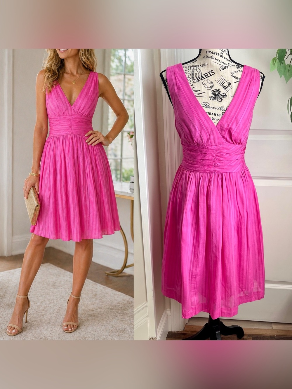 Trina Turk Pleated V-Neck Fit & Flare Cocktail Dress Pink Sz M